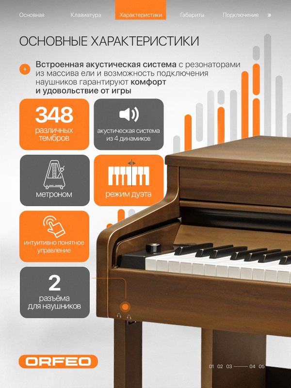 Цифровое пианино Orfeo Eurydice E-22 орех, с наушниками
